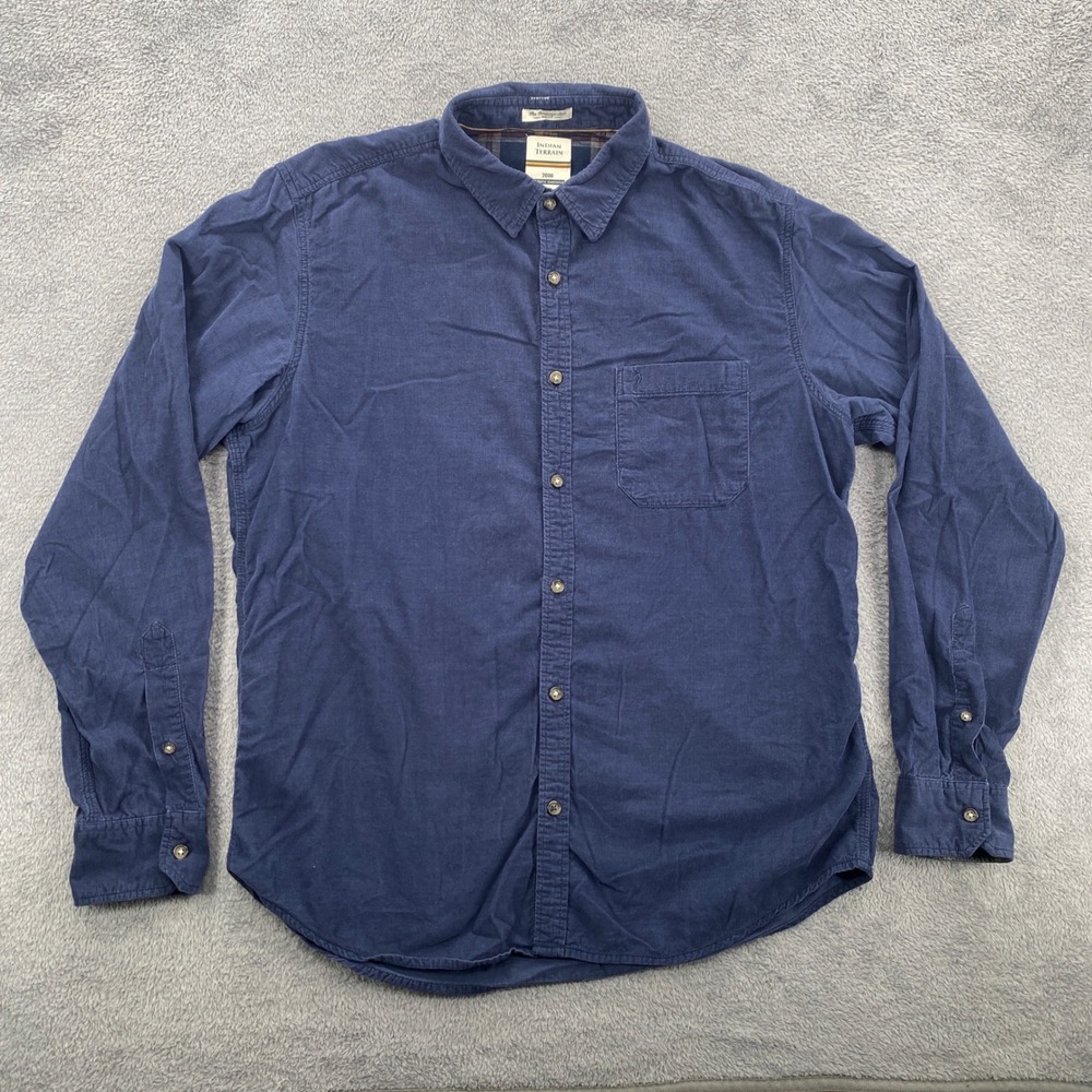 Indian Terrain Corduroy Shirt Men M Navy Blue Slim Fit Long Sleeve Button Up